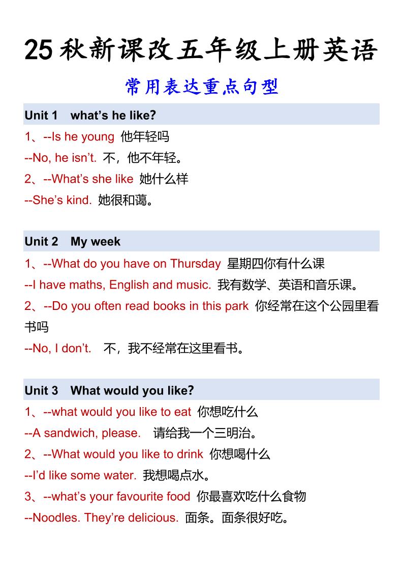 【2025秋新版】五年级上册英语常用表达重点句型-网亿资源平台