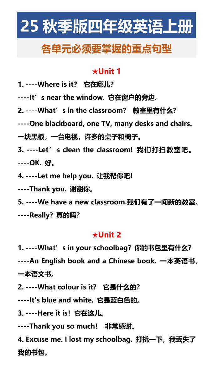 【2025秋新版】四年级英语上册各单元必须要掌握的重点句型-网亿资源平台