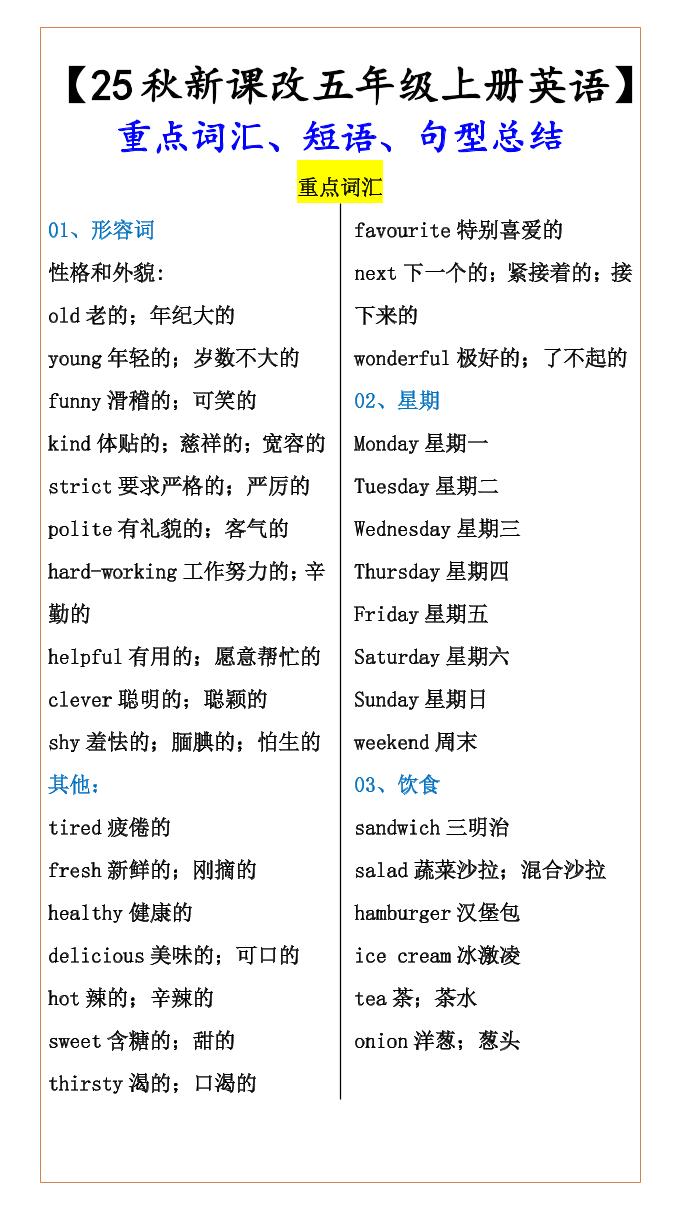 【2025秋新版】【五年级上册英语】重点词汇、短语、句型总结-网亿资源平台