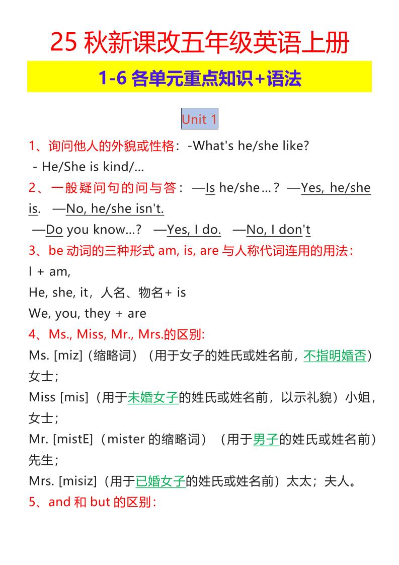 【2025秋新版】五年级英语上册1-6各单元重点知识+语法-网亿资源平台