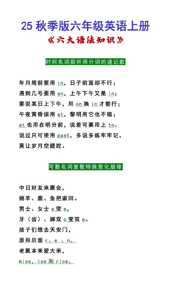 【2025秋新版】六年级英语上册《六大语法知识》-网亿资源平台