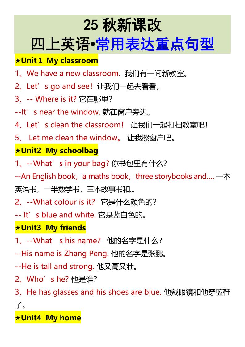 【2025秋新版】四上英语•常用表达重点句型-网亿资源平台