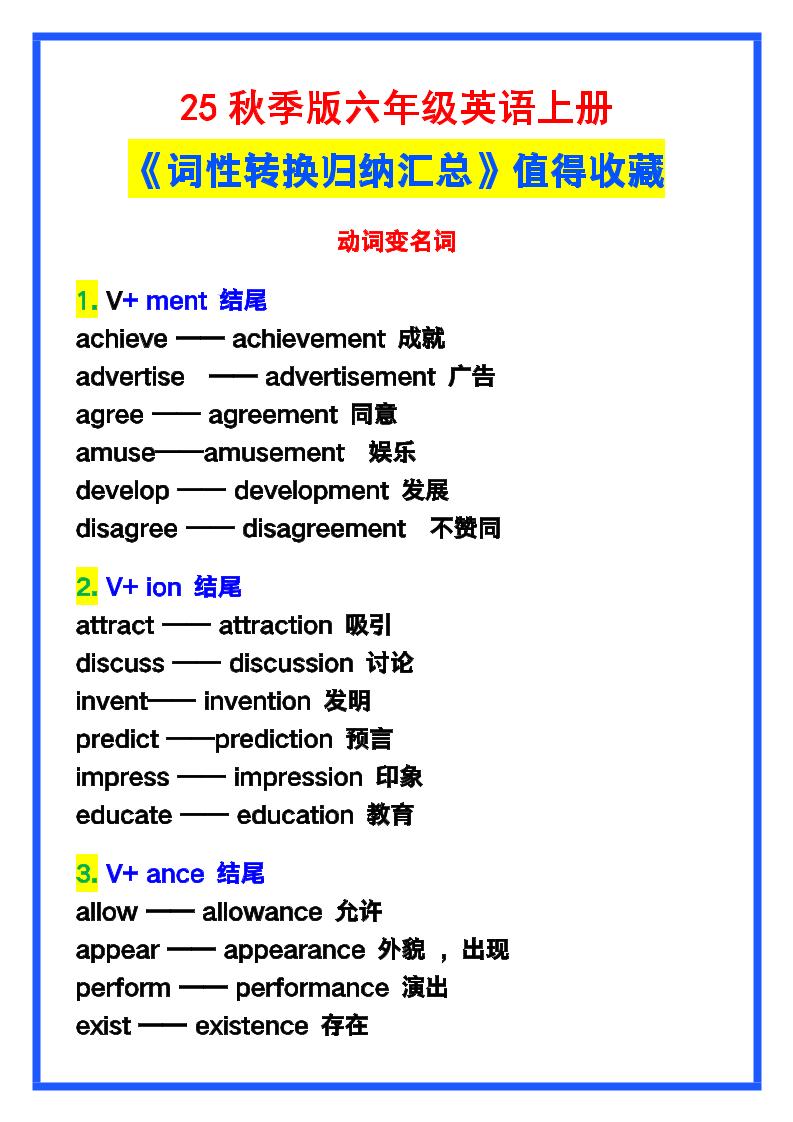 【2025秋新版】六年级英语上册《词性转换归纳汇总》，值得收藏！-网亿资源平台