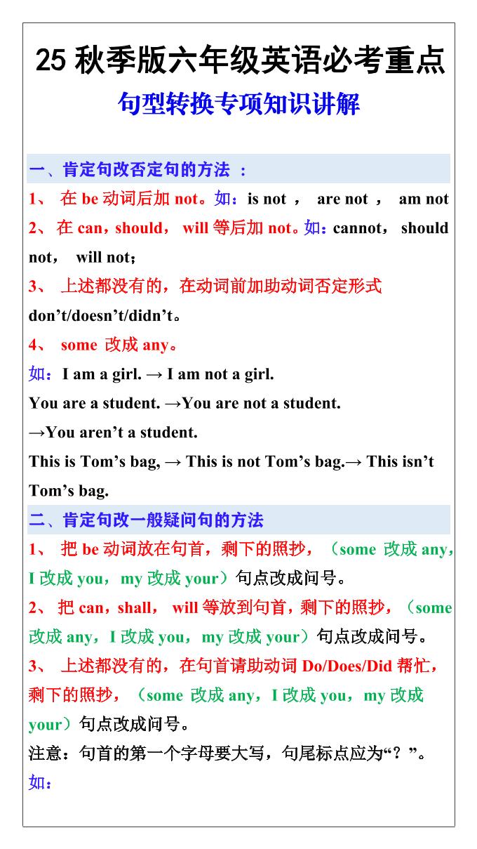 【2025秋新版】六年级英语必考重点：句型转换专项知识讲解-六上英语-网亿资源平台