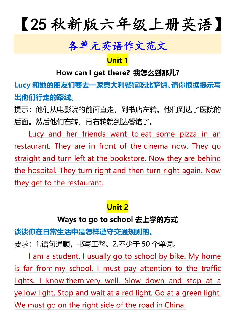 【2025秋新版】【六年级上册英语】各单元英语作文范文-网亿资源平台