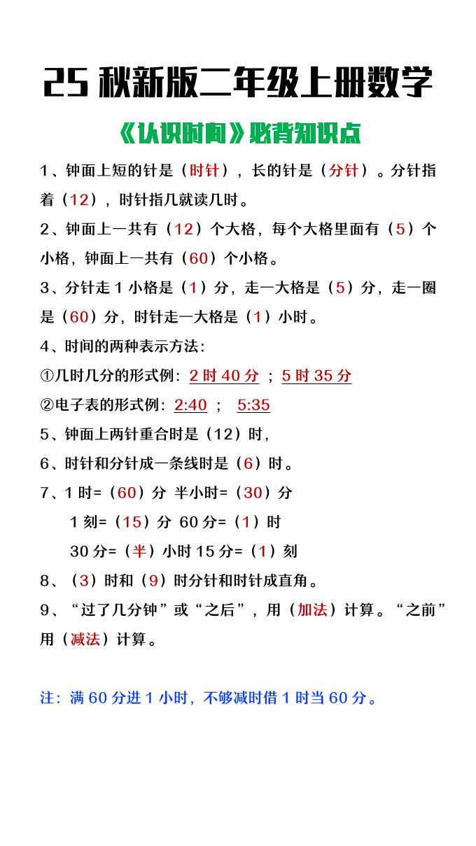 【2025秋新版】二年级上册数学认识时间必背知识点整理-网亿资源平台