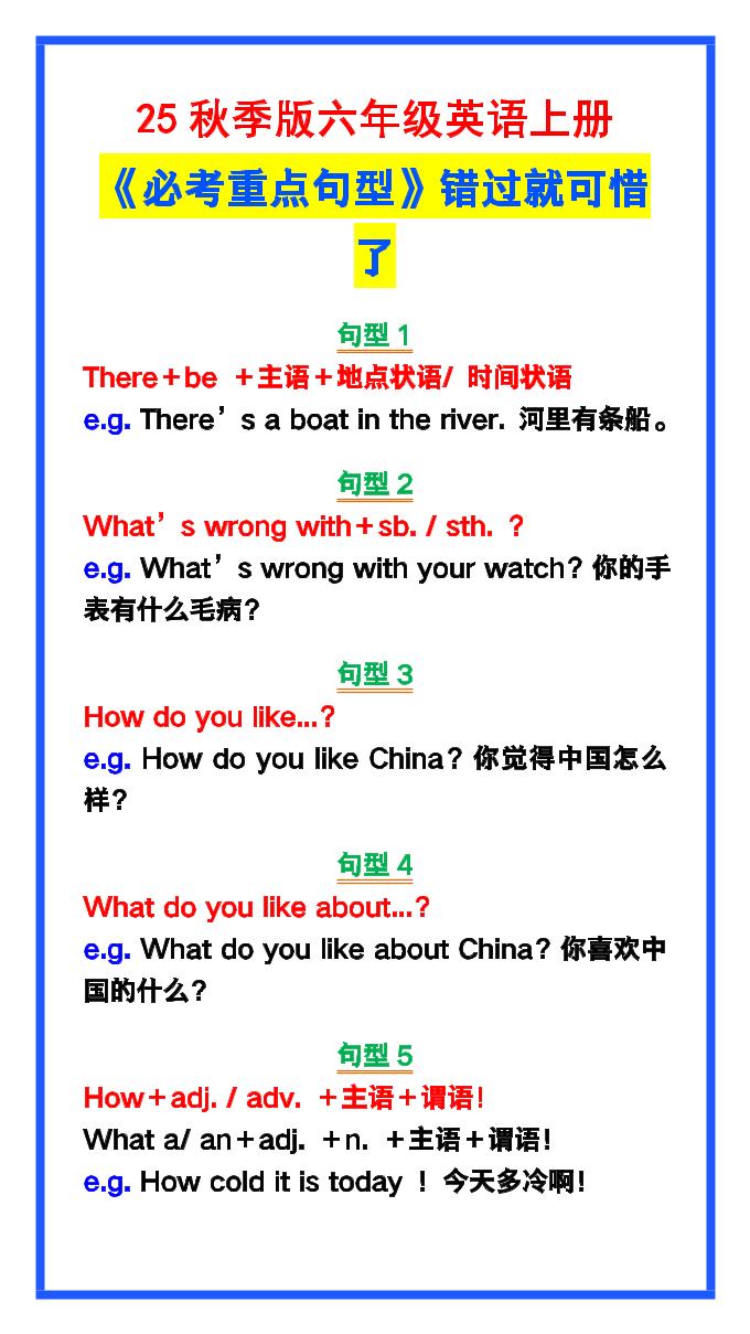 【2025秋新版】六年级英语上册《必考重点句型》错过就太可惜了！-网亿资源平台