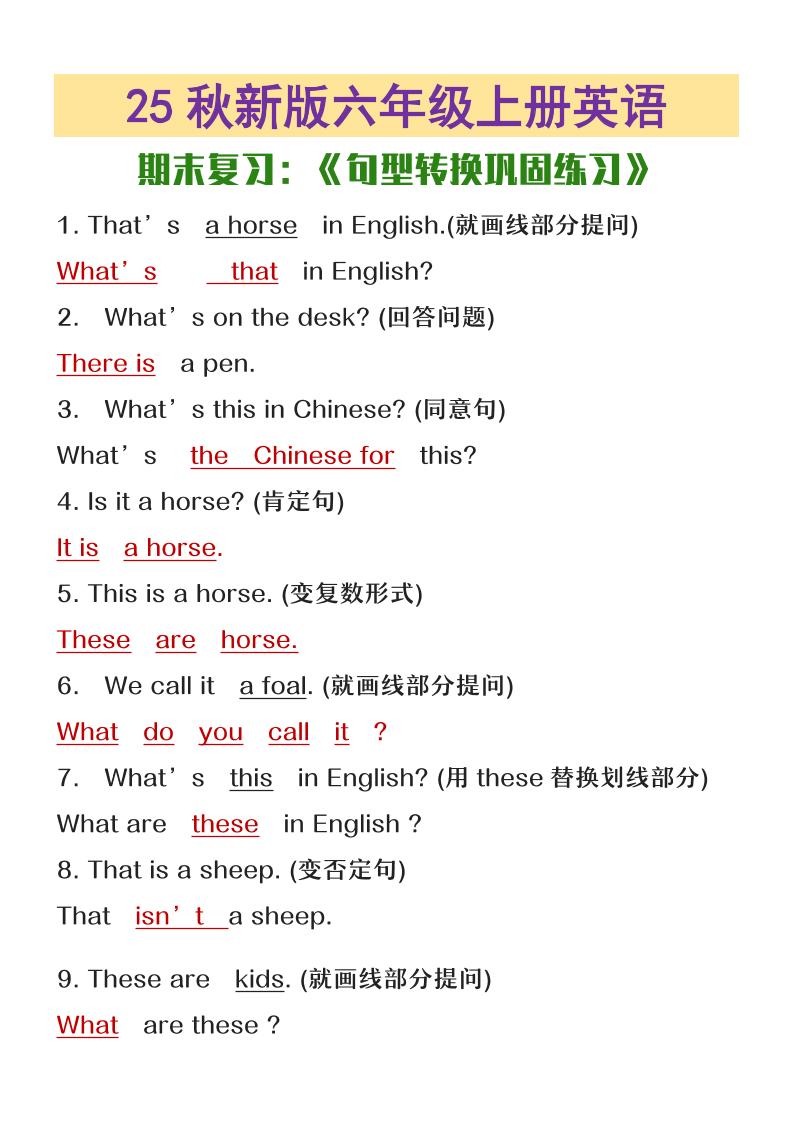 【2025秋新版】六年级上册英语期末复习句型转换巩固练习-网亿资源平台