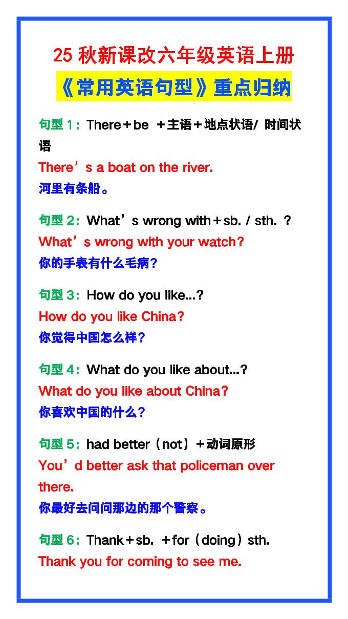 【2025秋新版】六年级英语上册《常用英语句型》重点归纳，提分必备!-网亿资源平台