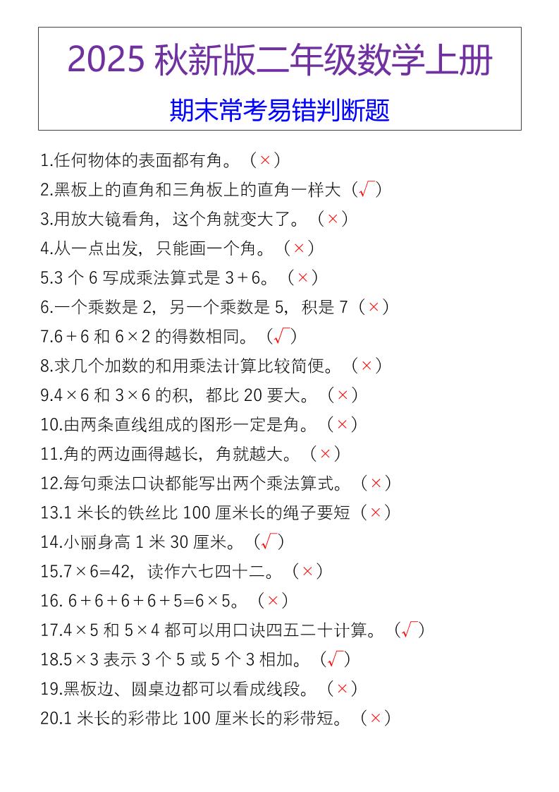 【2025秋新版】二年级数学上册期末常考易错判断题-网亿资源平台