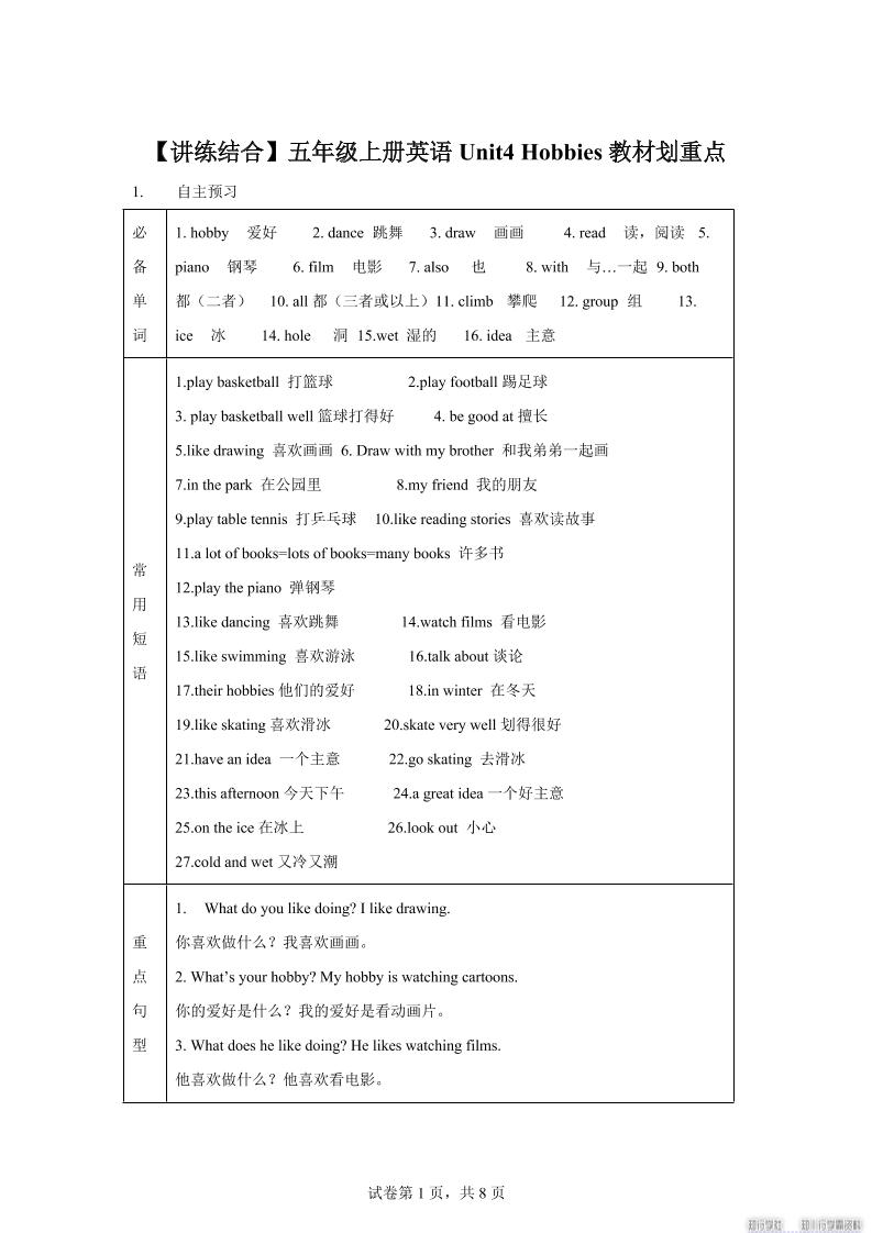 【单元热点难点】译林版（三起）英语五年级上册Unit4Hobbies教材划重点-网亿资源平台