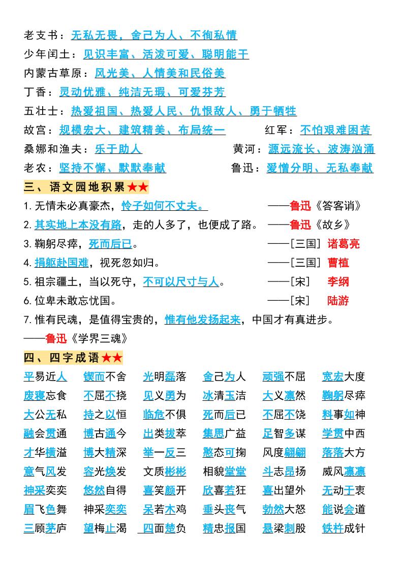 六上语文必背全册重点知识点总结11页