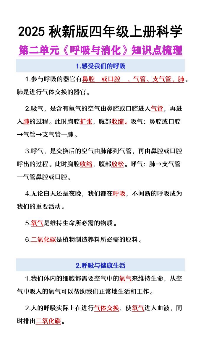 【2025秋新版】四年级上册语文第2单元《呼吸与消化》知识点梳理-网亿资源平台