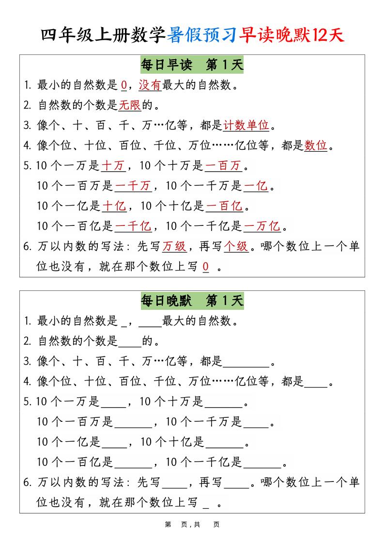 四上数学暑假预习早读晚默12天12页-网亿资源平台