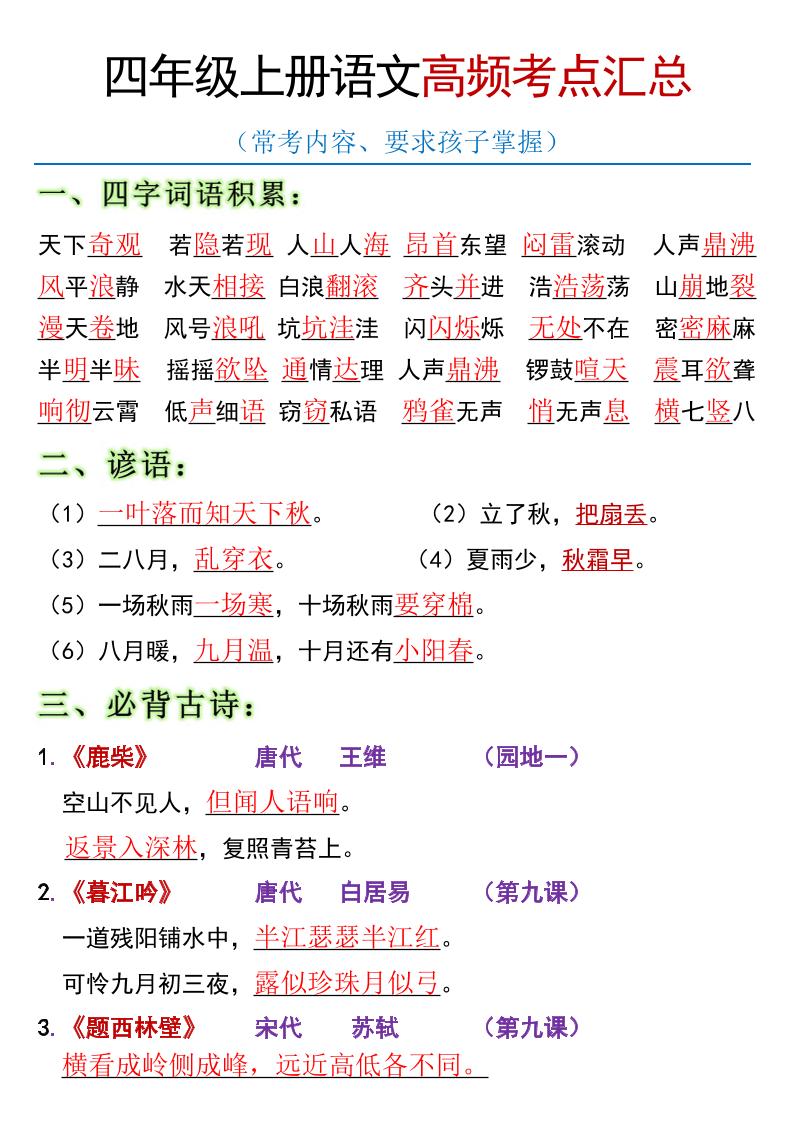 全册高频考点归类（节选）】四上语文-网亿资源平台