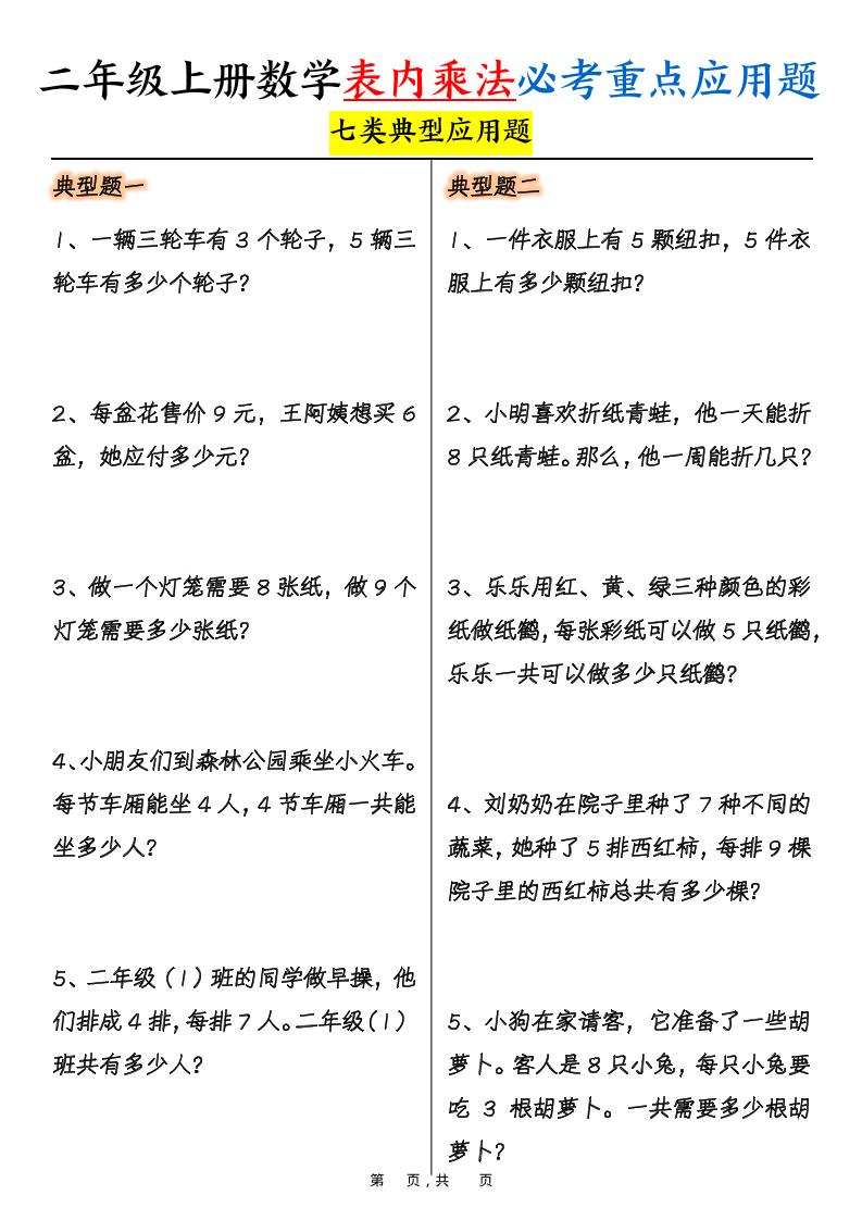 二上数学表内乘法必考重点七类典型应用题（含答案10页）-网亿资源平台