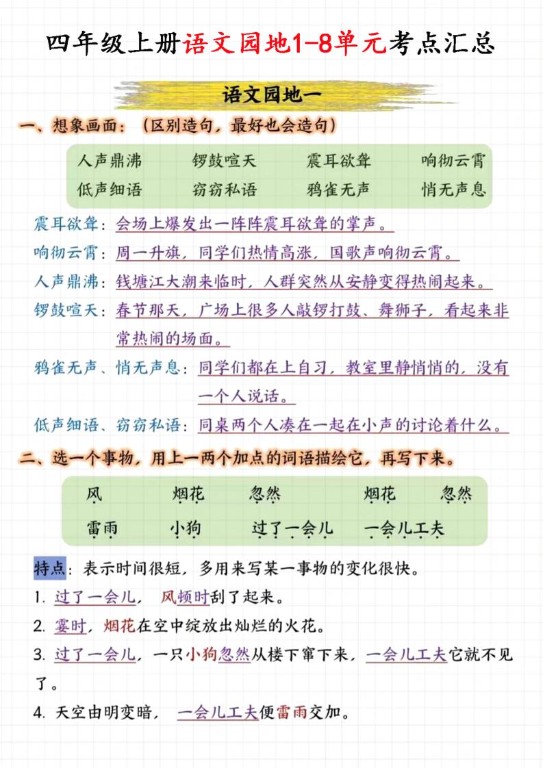 四上语文园地1-8单元考点汇总（15页）-柒柒资源网