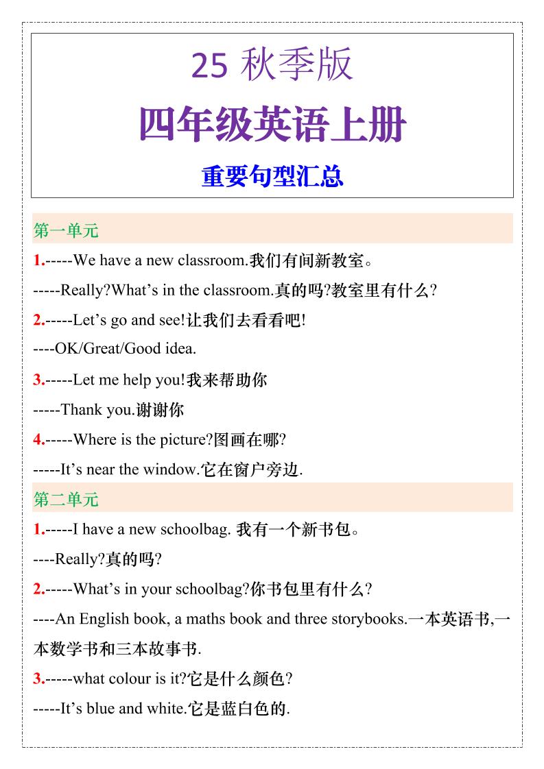 【2025秋新版】四年级英语上册重要句型汇总-网亿资源平台