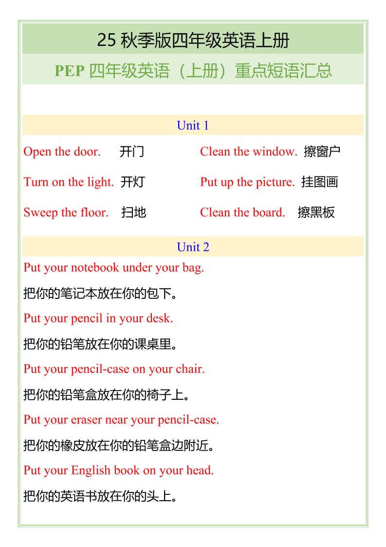 【2025秋新版】四年级英语（上册）重点短语汇总-网亿资源平台
