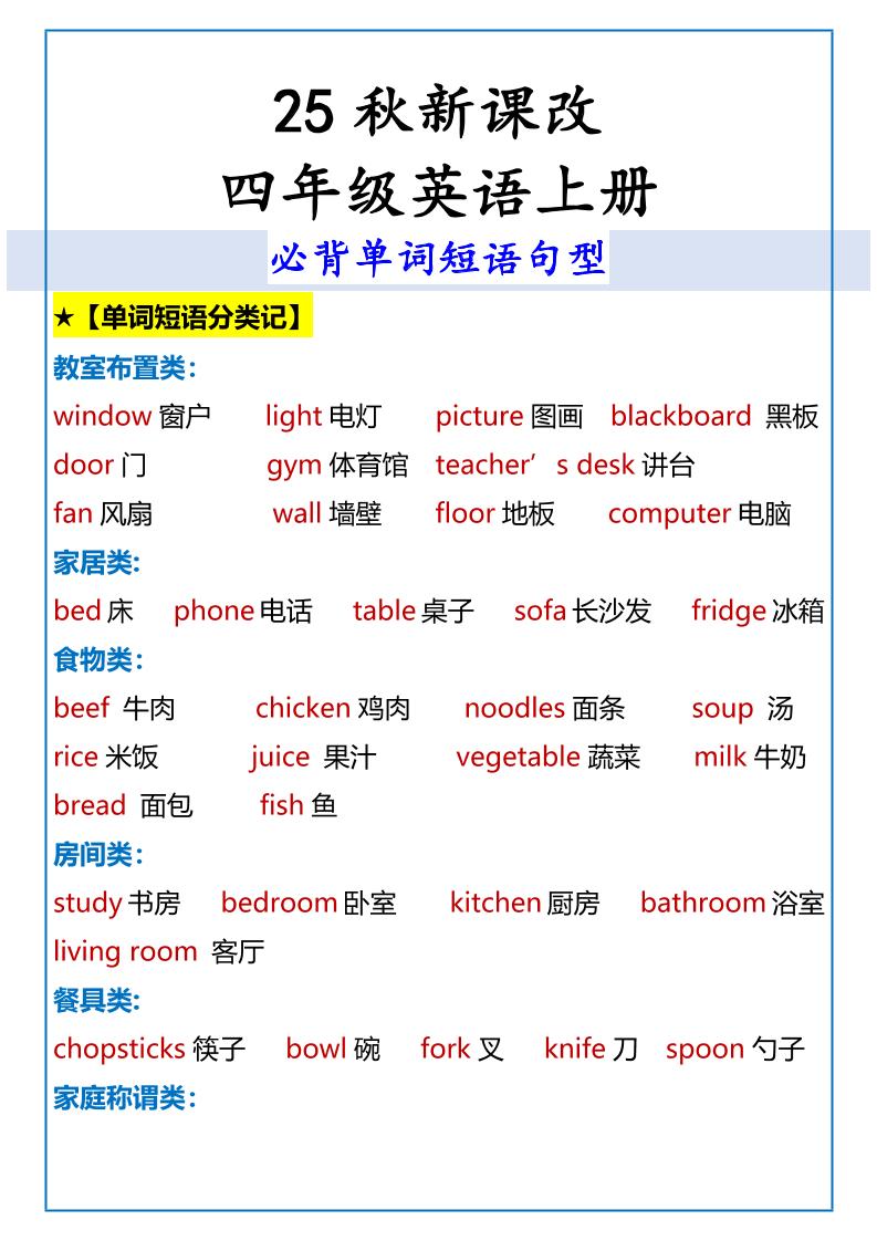 【2025秋新版】四年级英语上册必背单词短语句型-网亿资源平台