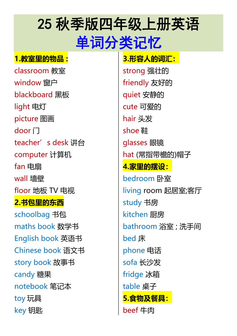【2025秋新版】四年级上册英语•单词分类记忆-网亿资源平台