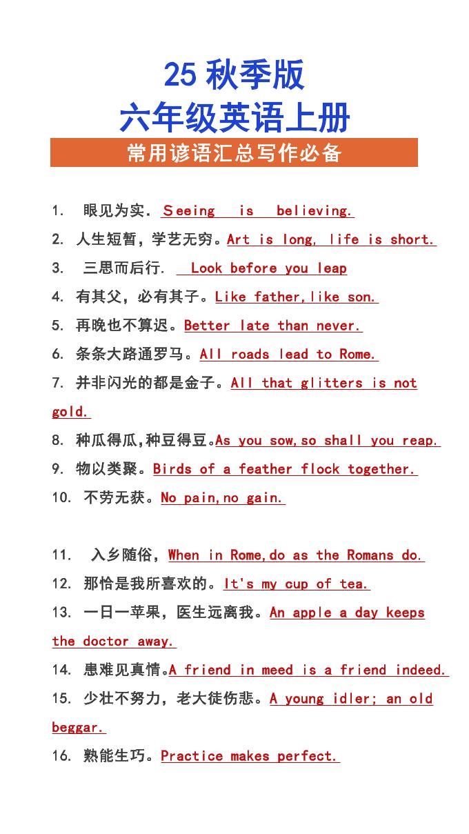 【2025秋新版】六年级上册英语常用谚语汇总写作必备-网亿资源平台