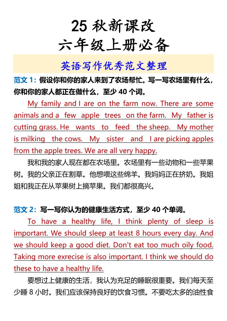【2025秋新版】六年级上册必备英语写作优秀范文整理-网亿资源平台
