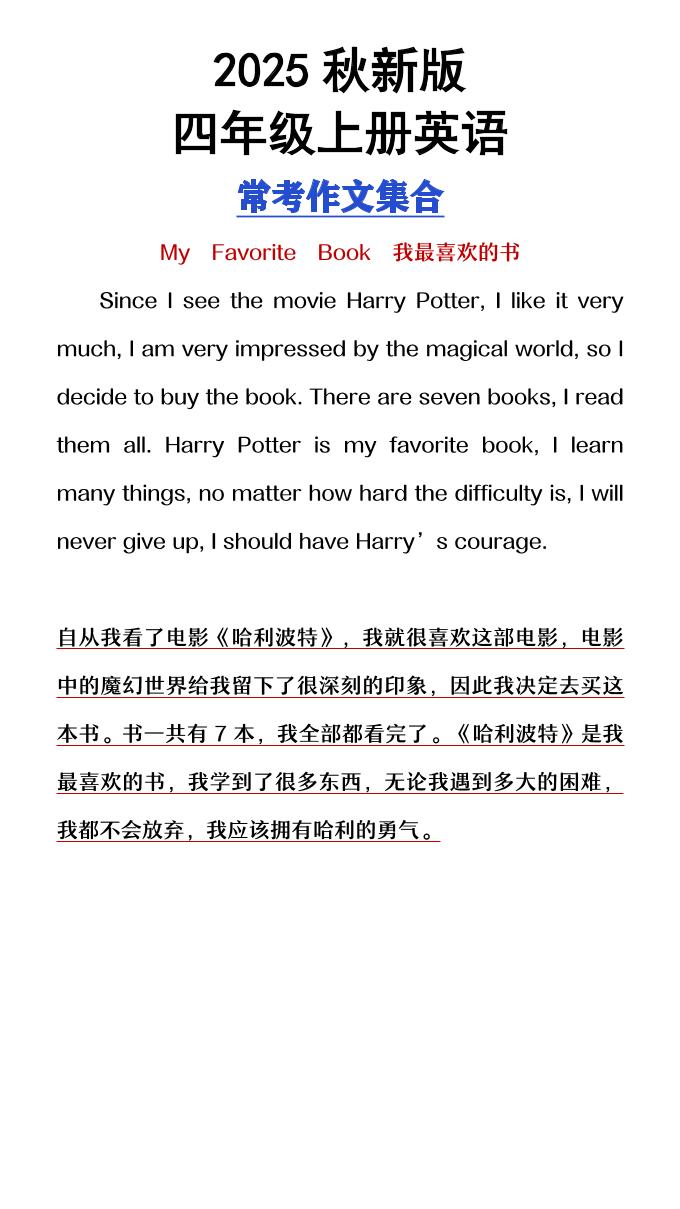 【2025秋新版】四年级上册英语常考作文合集-网亿资源平台