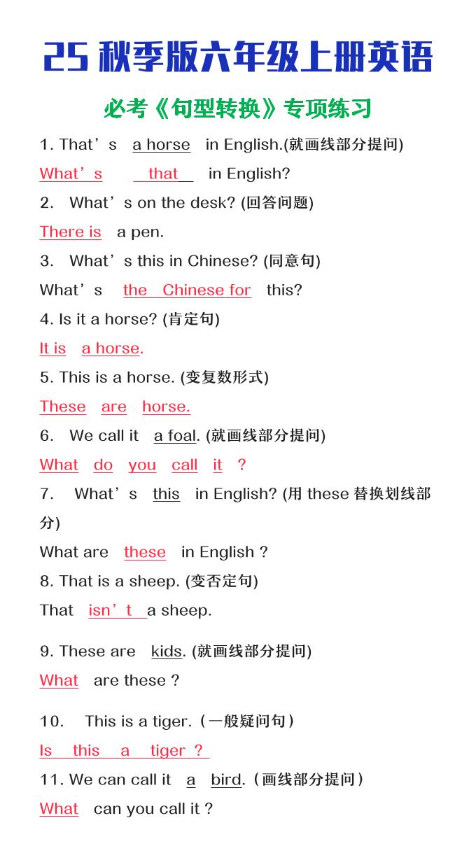 【2025秋新版】六年级上册英语必考句型转换-网亿资源平台