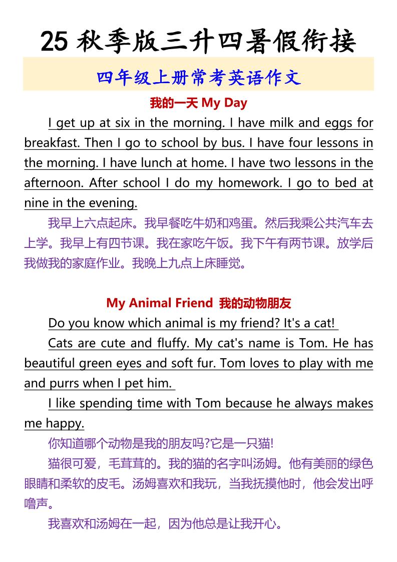 【2025秋新版】四年级上册常考英语作文-网亿资源平台