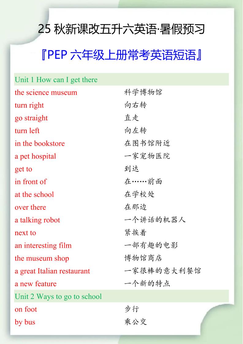 【2025秋新版】六年级上册常考英语短语-网亿资源平台