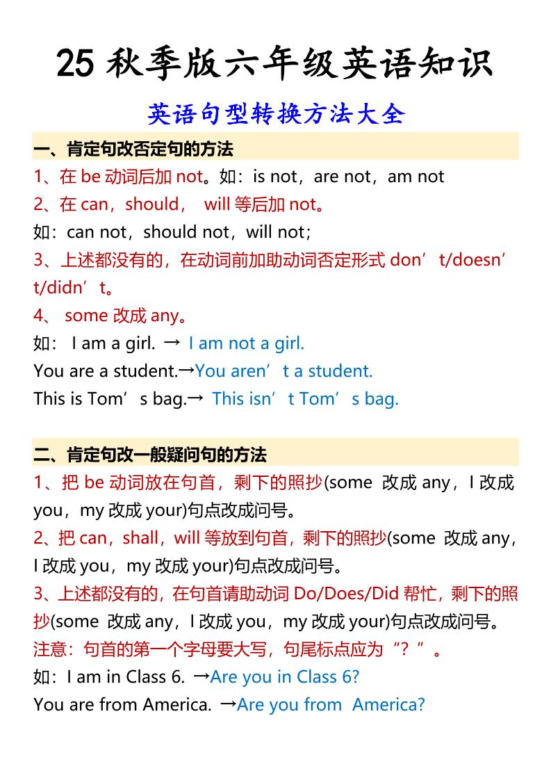 【2025秋新版】六年级上册英语英语句型转换方法大全-网亿资源平台