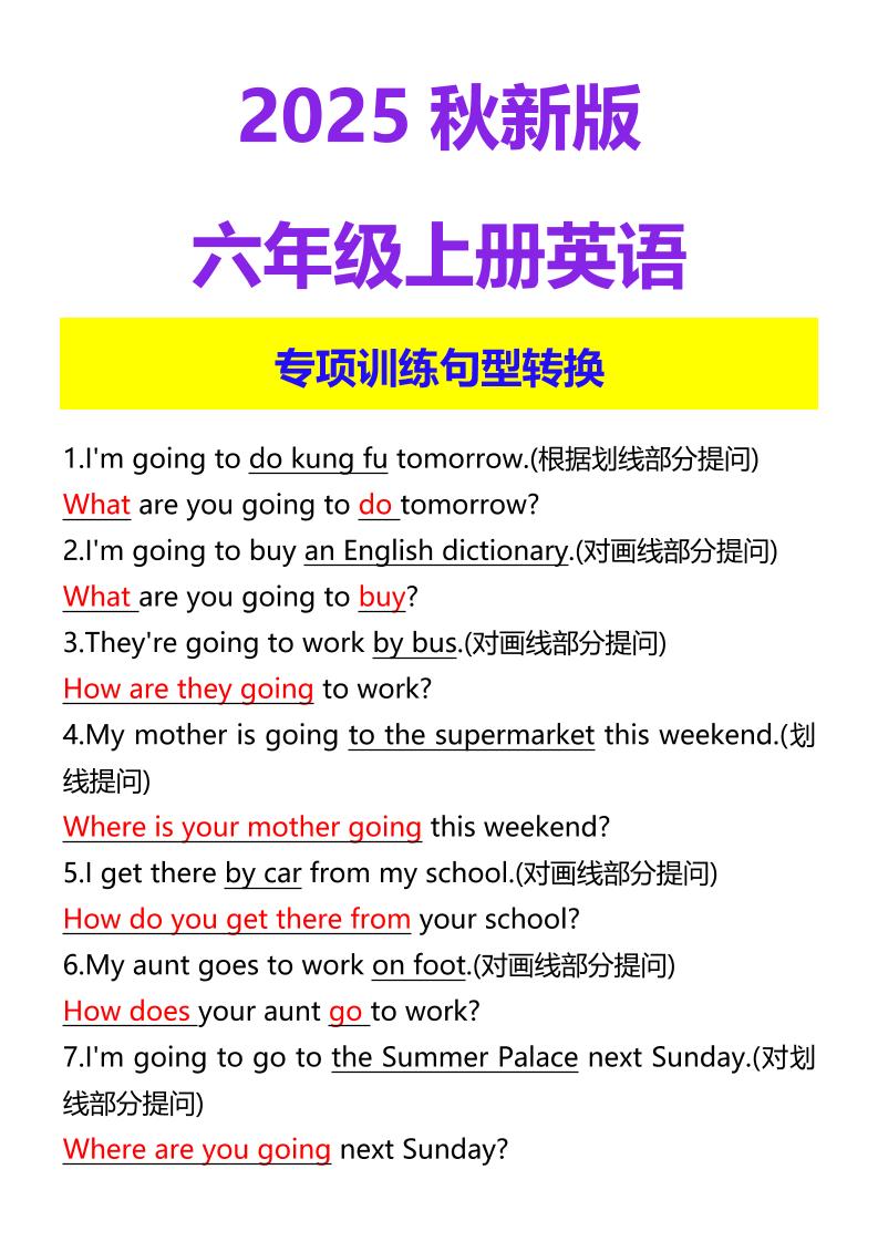 【2025秋新版】六年级上册英语专项训练句型转换-网亿资源平台