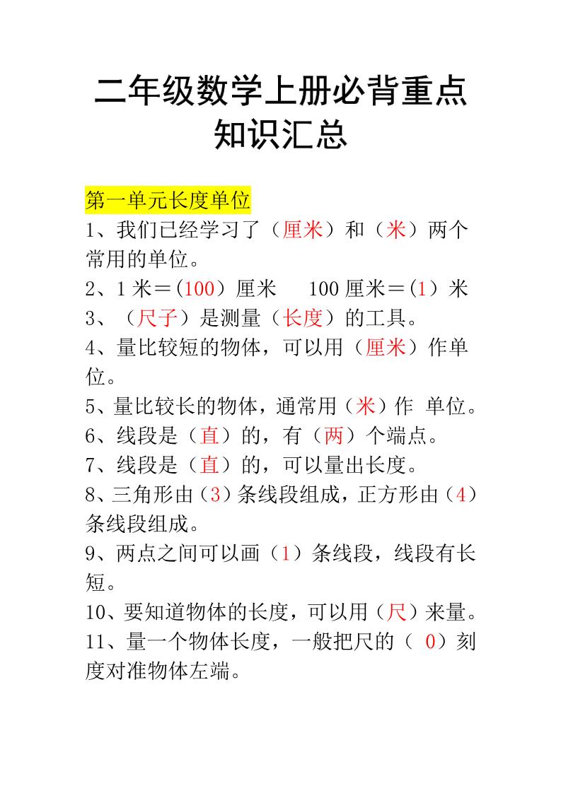 二年级上册数学必背知识汇总-网亿资源平台