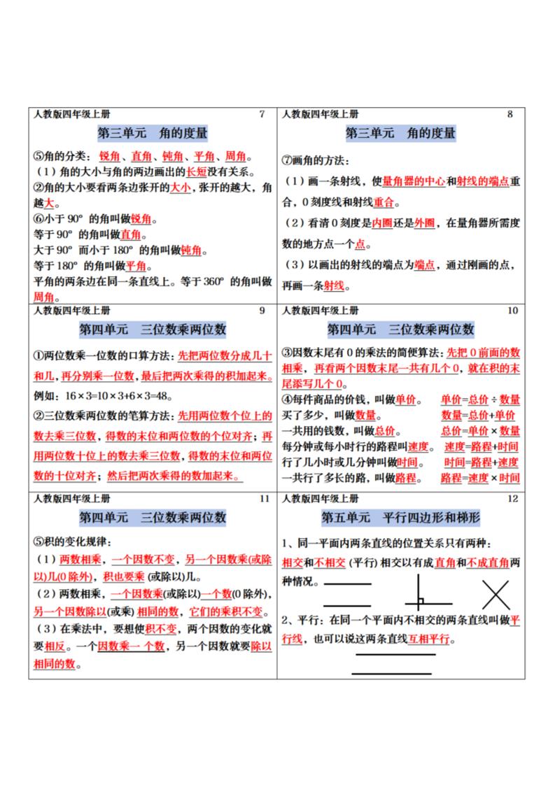 四年级上册数学课课贴