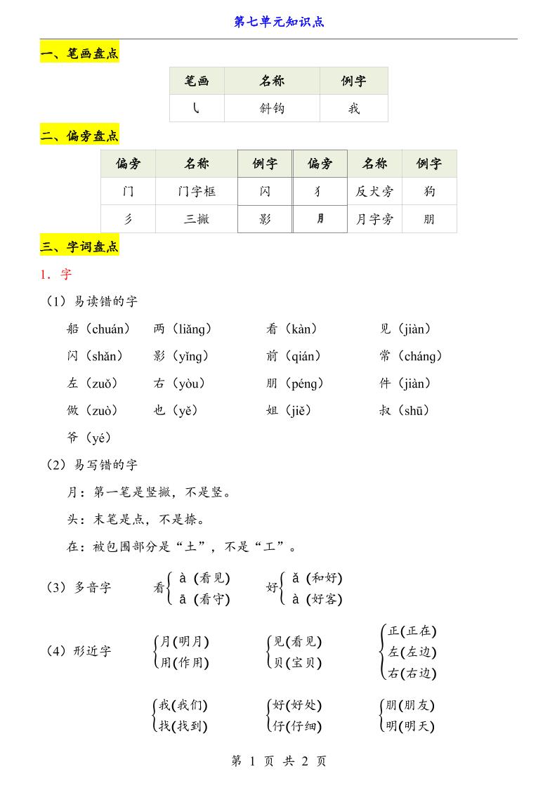 第7单元（知识点）一上语文-网亿资源平台
