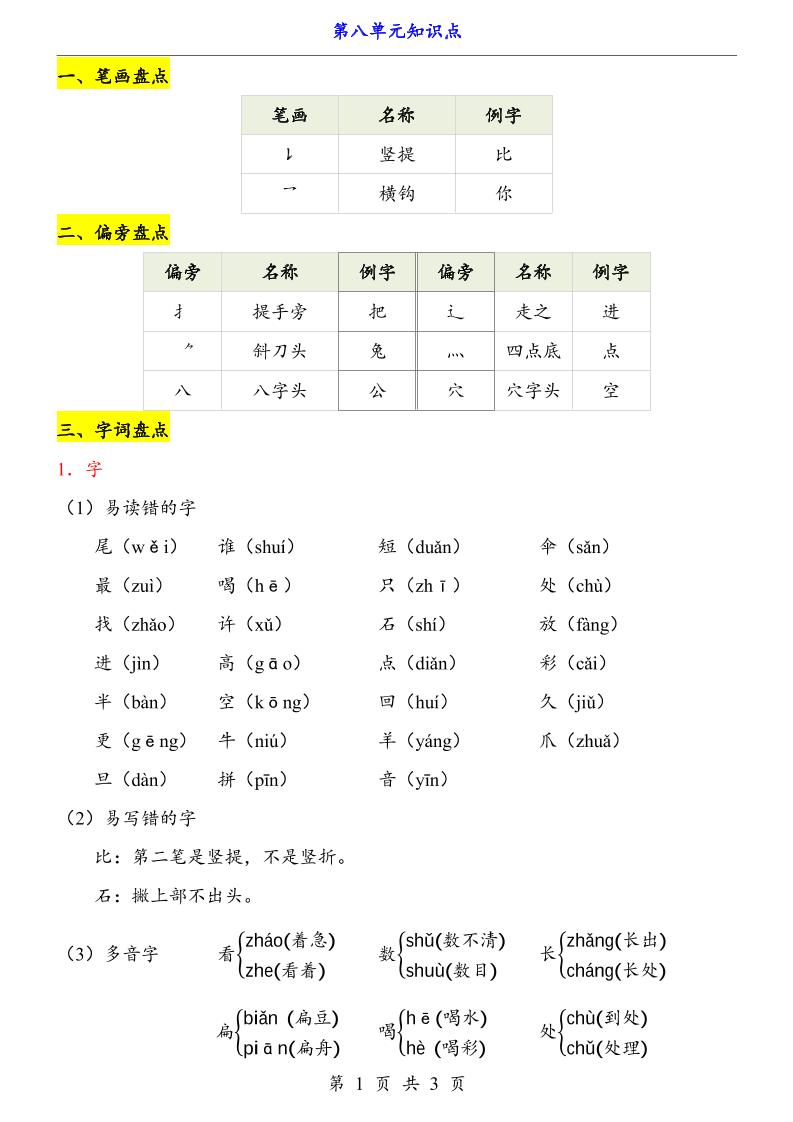 第8单元（知识点）一上语文-网亿资源平台
