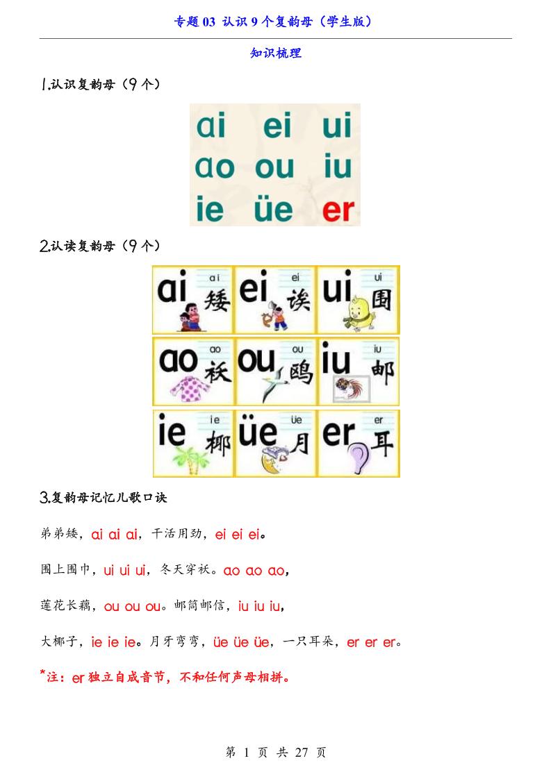 一上语文-专题03认识9个复韵母（知识+训练）-网亿资源平台
