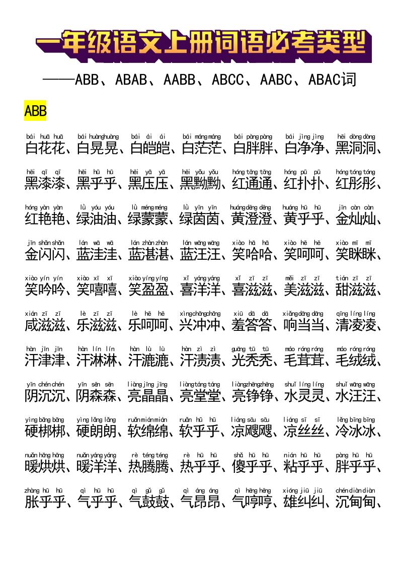 一年级语文上册词语必考类型-网亿资源平台