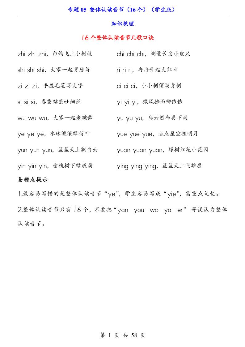 一上语文-专题05整体认读音节（16个）（知识+训练）-网亿资源平台