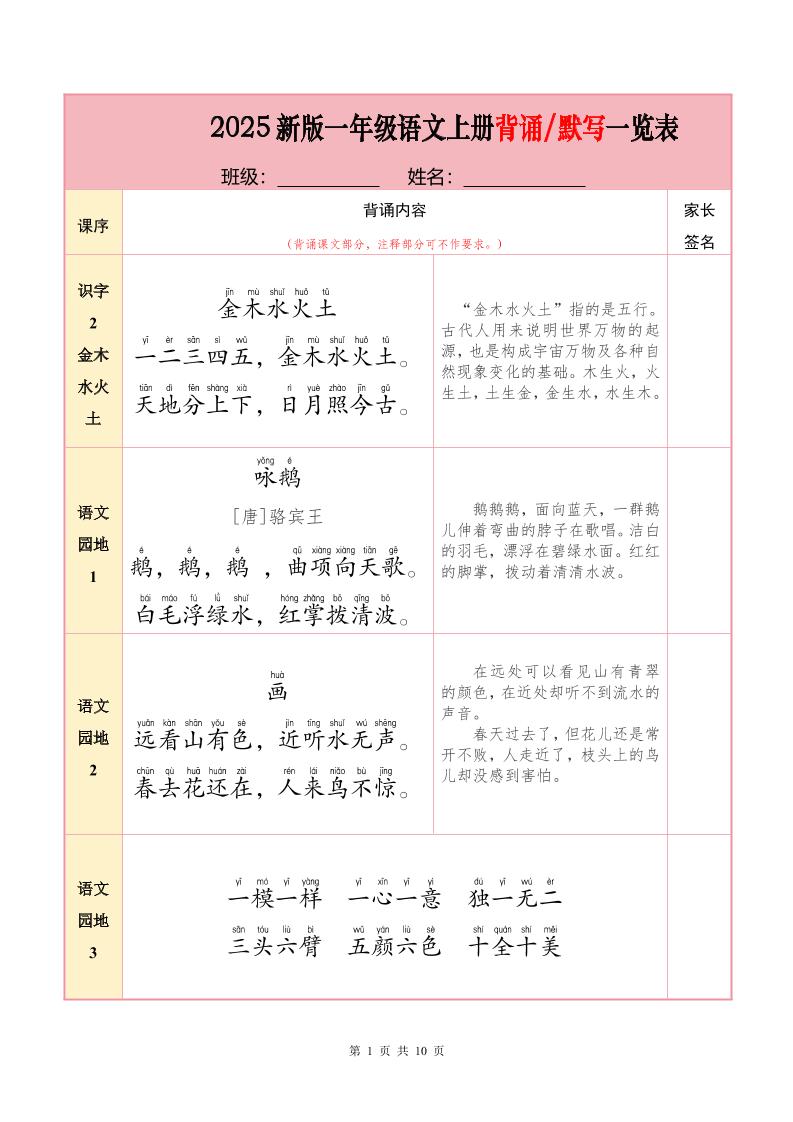 一上语文必背内容+默写表2025年9月-网亿资源平台