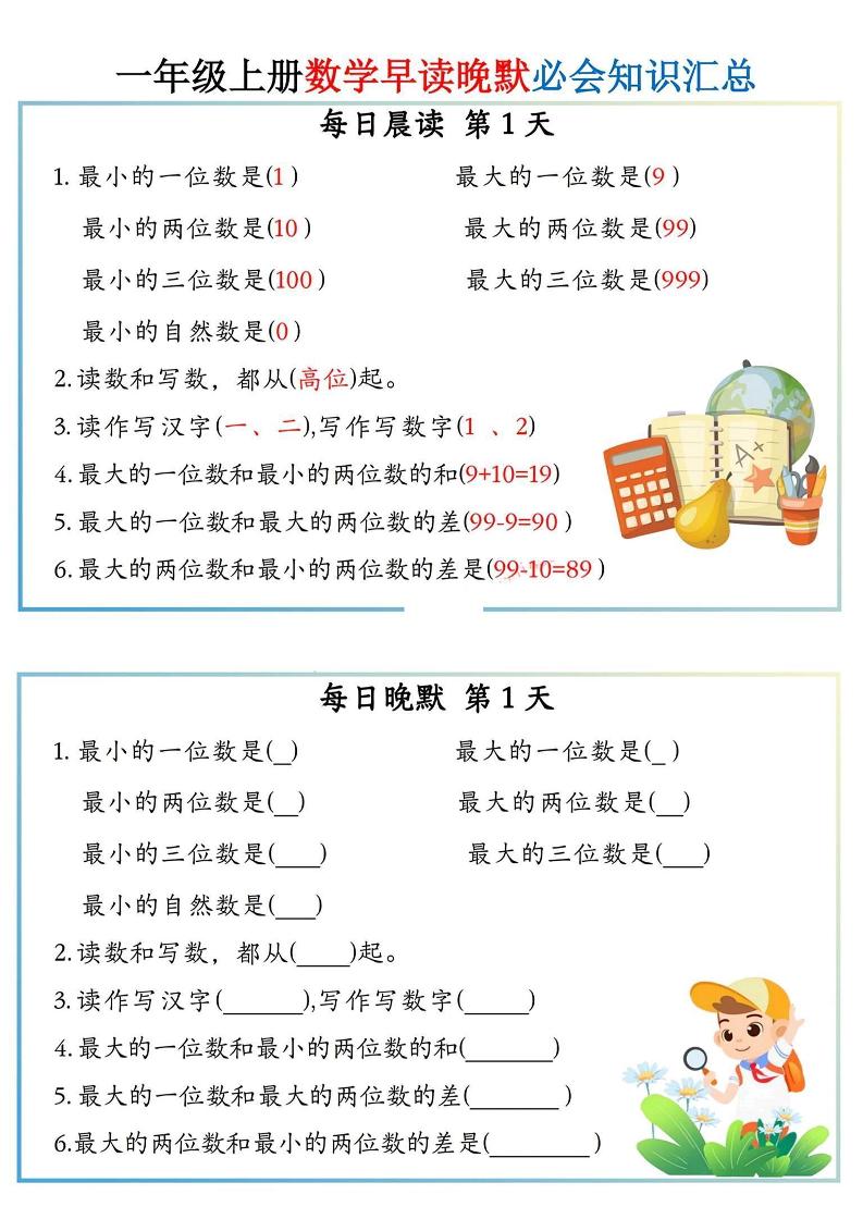 一上数学早读晚默小纸条-网亿资源平台