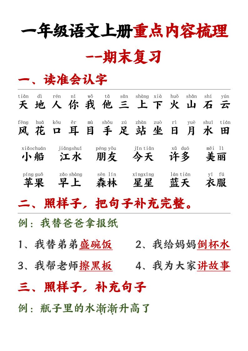 一年级语文上册重点预习内容梳理1-网亿资源平台