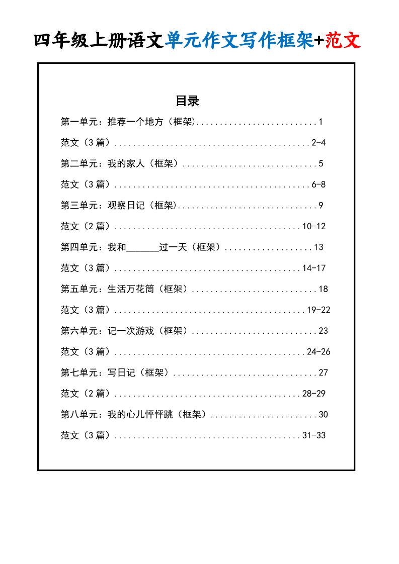 四上语文1-8单元作文写作框架+范文34页-网亿资源平台