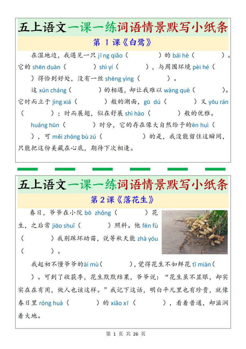 五上语文一课一练词语情景默写小纸条（含答案26页）-柒柒资源网