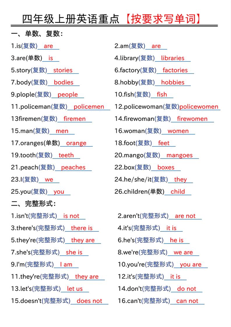 四年级上人教PEP版英语重点按要求写单词（答案）-网亿资源平台