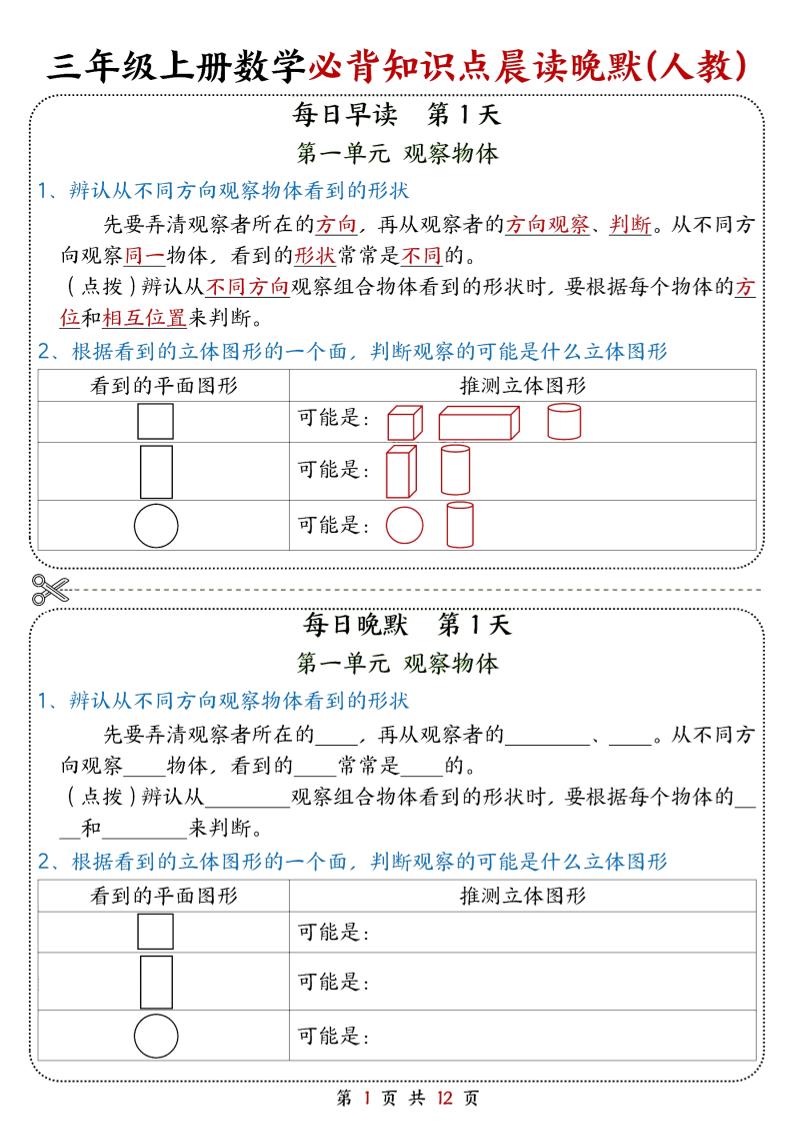 25新三上数学必背知识点晨读晚默（人教版）12页-网亿资源平台