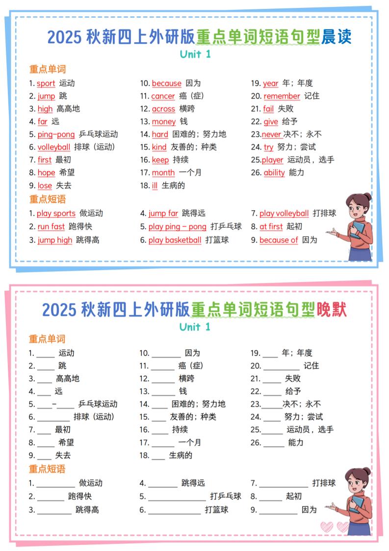 新四上外研英语重点单词短语句型晨读晚默13页-网亿资源平台