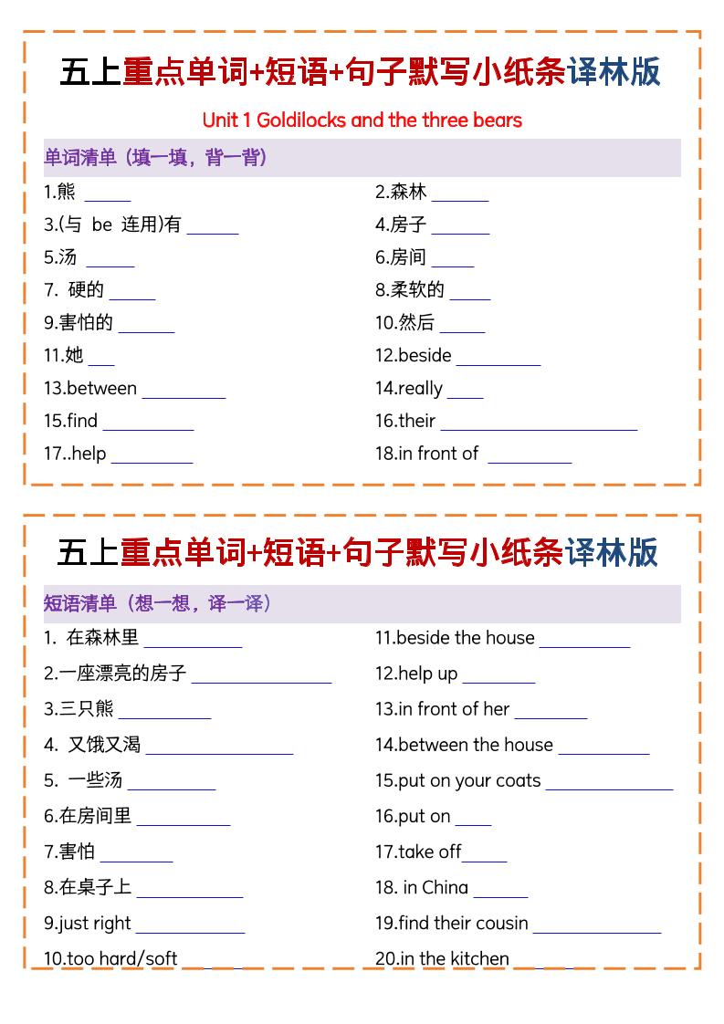 五上译林版英语重点单词+短语+句子默写小纸条（13页）-网亿资源平台