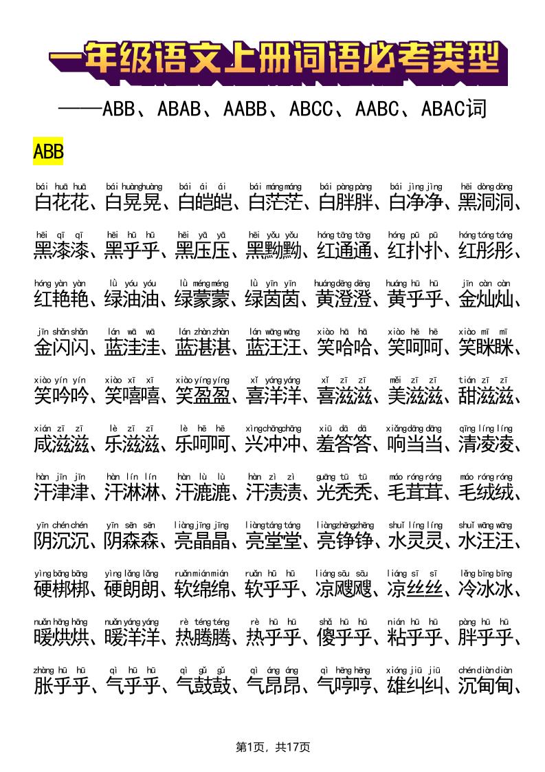 新一上语文词语必考类型(ABB、ABAB、AABB、ABCC、AABC、ABAC、ABCB类词语)17页-网亿资源平台